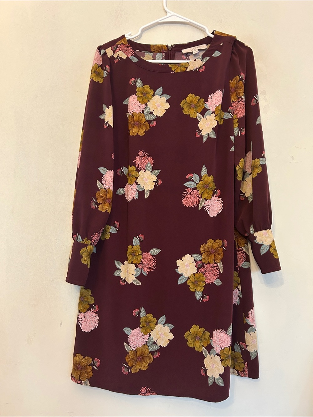 Loft Women's Floral Long-Sleeve Burgundy Shift Dress Size 10 EUC